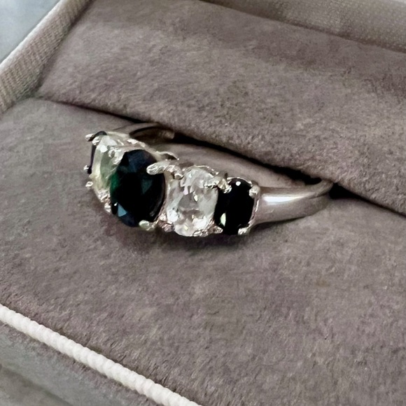 Vintage Genuine Sapphire Ring Solid 925 Sterling Silver Oval Cut Blue & White - Picture 8 of 17